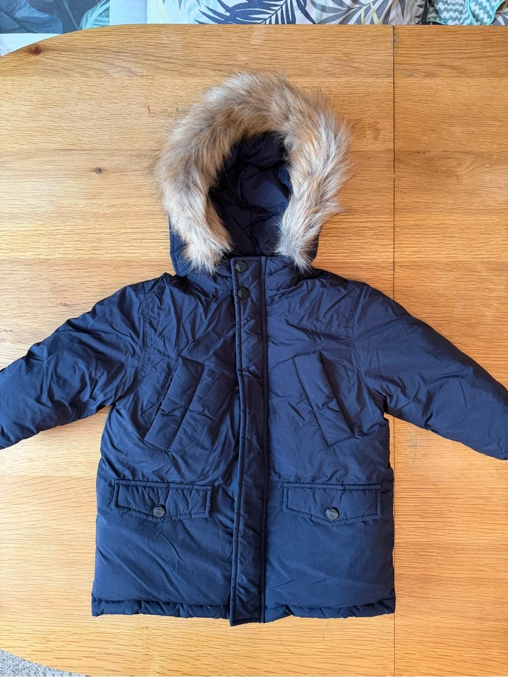 Zara Kids Down Puffer Jacket with Faux Fur Hood - Olive/Black